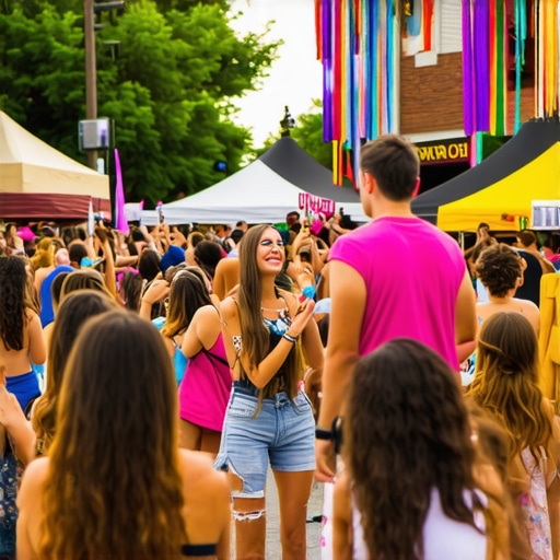 A bustling Louisiana festival sponsored by a local business, showcasing community spirit and vibrant decorations