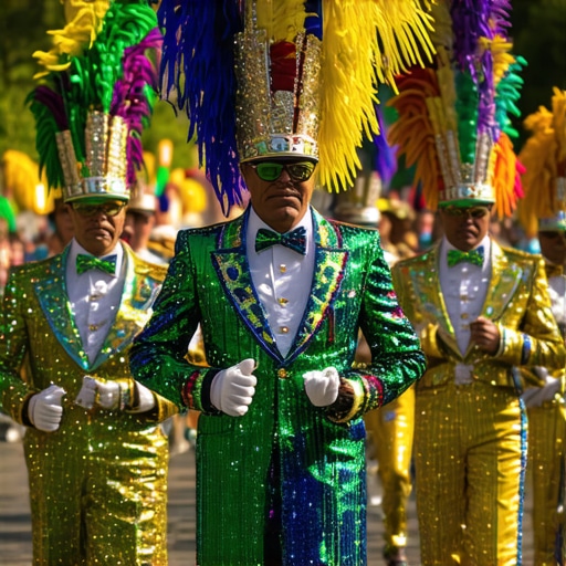 Colorful Mardi Gras parade float with costumed dancers in New Orleans