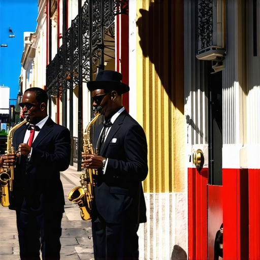 Jazz musicians performing on a lively French Quarter street
