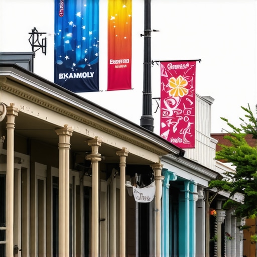 Busy street scene in New Orleans with local businesses and festival decorations