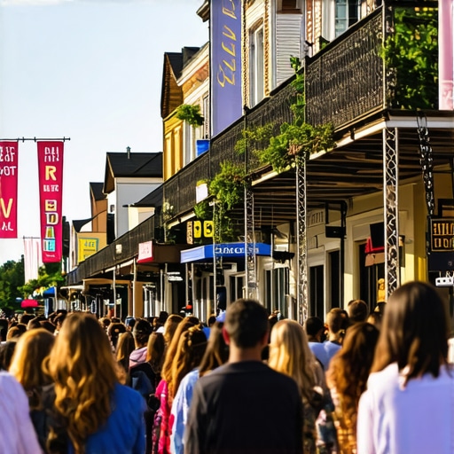 Colorful New Orleans street bustling with locals and festival decorations