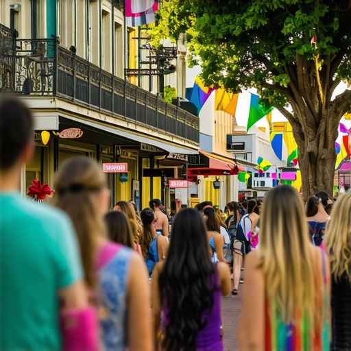 Busy street in New Orleans with local businesses, Mardi Gras decorations, and pedestrians