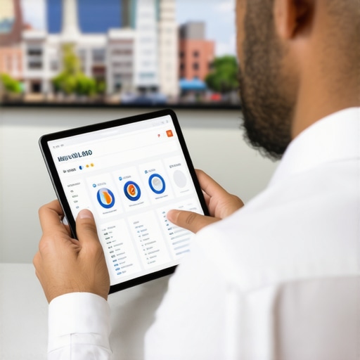 Analyzing Local SEO Data in New Orleans Businessman reviewing local SEO results with New Orleans landmarks