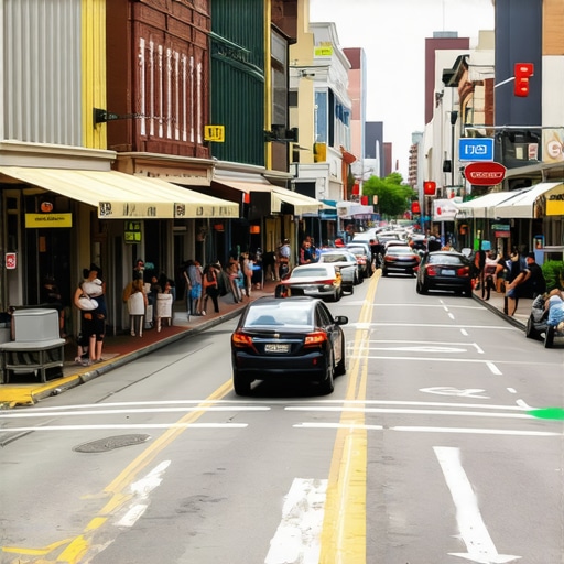 A vibrant street scene in New Orleans showing local businesses with an overlay of Google Maps icons