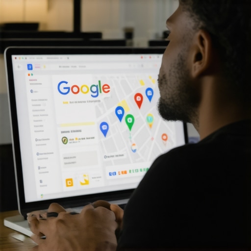 Business owner working on Google My Business profile on a laptop with maps and SEO icons.