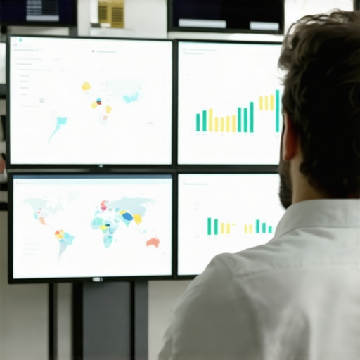 Person reviewing digital maps and SEO analytics on screens in an office.