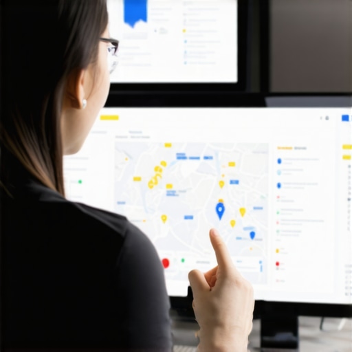 Digital SEO Dashboard Management Business owner monitoring local SEO performance on multiple screens