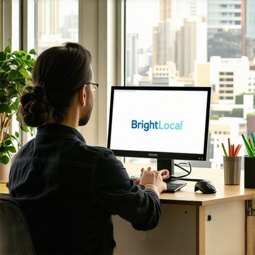 A person managing local SEO profiles using BrightLocal and Moz Local with New Orleans scenery in the background.