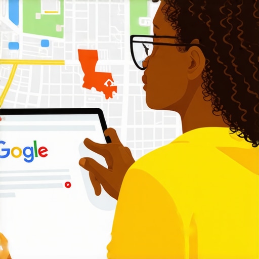 Business owner working on Google My Business listing with Louisiana map and landmarks.