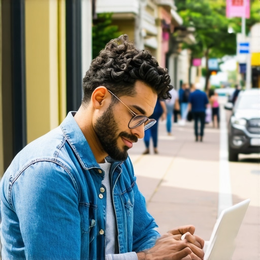 Business owner working on Google My Business profile on laptop in French Quarter