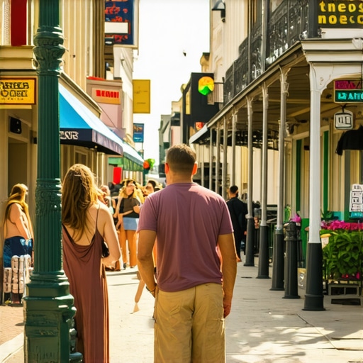 Colorful street scene in New Orleans with local businesses and community events.