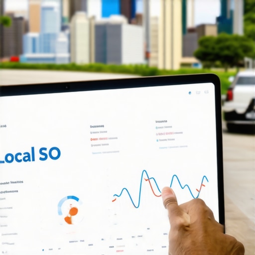 A digital dashboard showing local SEO analytics over Louisiana landmarks.