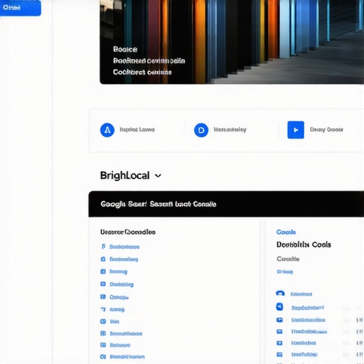 Screenshots of BrightLocal and Google Search Console dashboards showing local listing management and website performance metrics