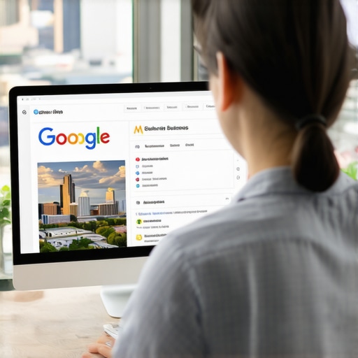 Business owner updating GMB profile with New Orleans cityscape in background.