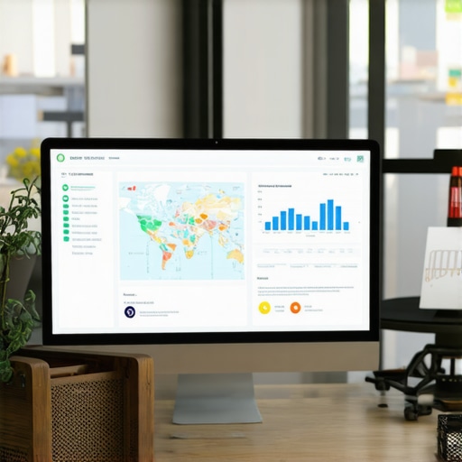 A workspace with multiple SEO tools open on a computer monitor, displaying maps and analytics