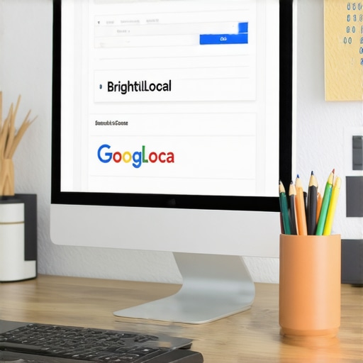 Computer screen displaying BrightLocal and Google Search Console analytics in an office setting with Louisiana decor.