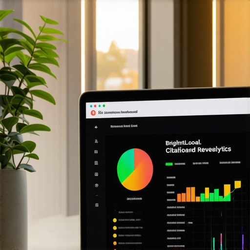 Laptop screen showing BrightLocal SEO dashboard with local citation and review insights