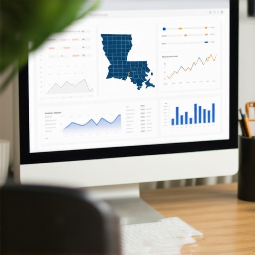 A desktop setup with SEO analytics tools, Louisiana maps, and ranking stats displayed on monitor.