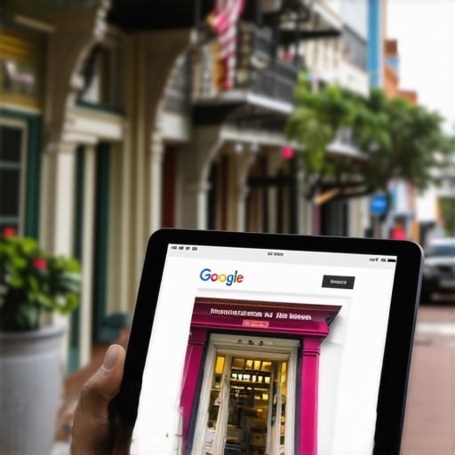 A tablet showing a well-optimized Google My Business profile on a vibrant New Orleans street scene.