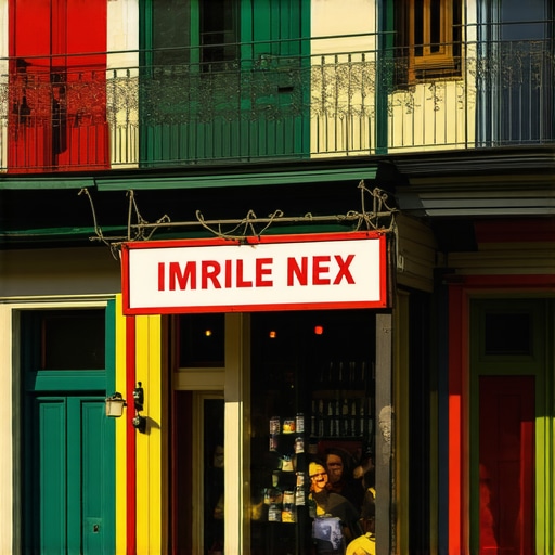 Colorful storefront on a busy NOLA street with local customers and festive banners.