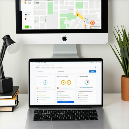Workspace with SEO software and maps analysis tools
