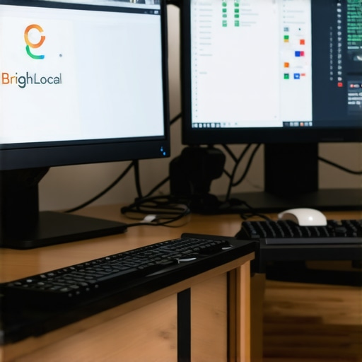 A person managing local SEO with BrightLocal and Google Search Console on a computer desk
