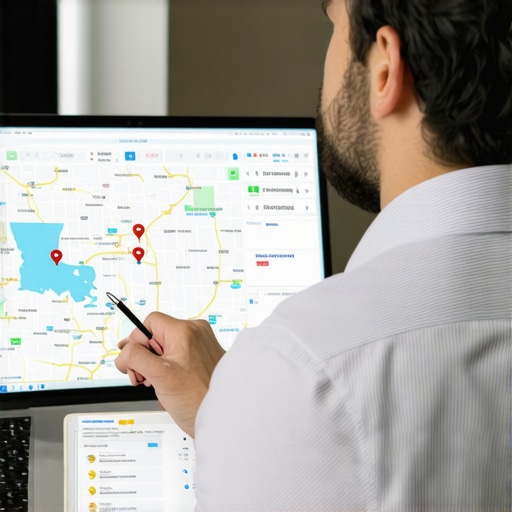 Person reviewing Google Maps analytics with Louisiana landmarks in background.