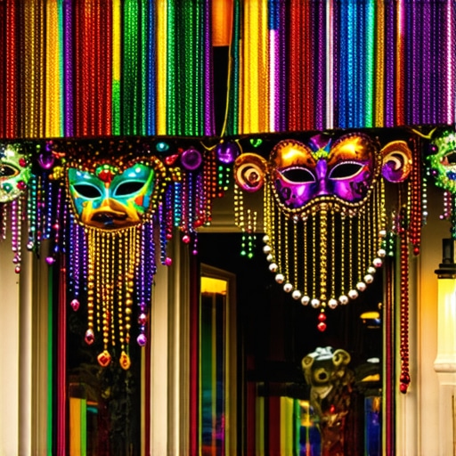 Colorful Mardi Gras decorated storefront in New Orleans with lively street scene