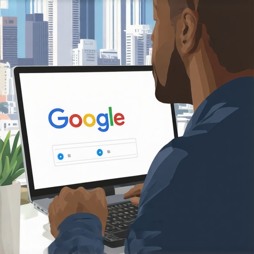 A person working on Google My Business profile amid New Orleans cityscape.