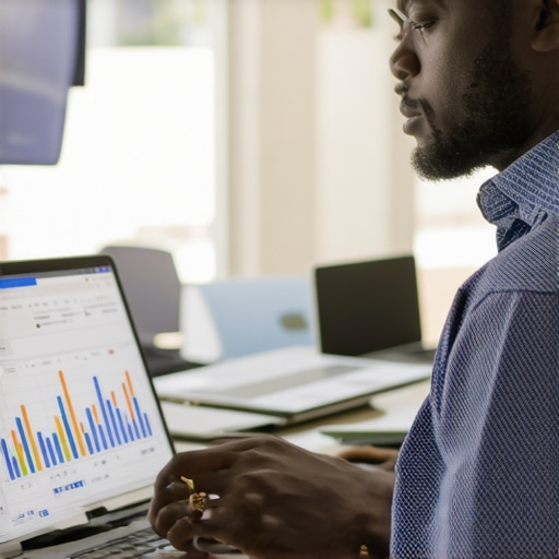 Business owner analyzing local SEO data on a laptop with New Orleans skyline in background.