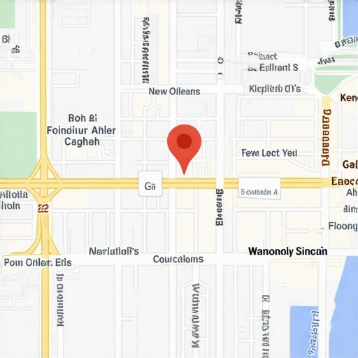 A detailed map highlighting a business location in New Orleans with prominent local landmarks.