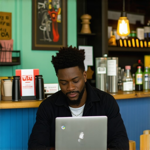 Business owner editing Google My Business profile with New Orleans decor.