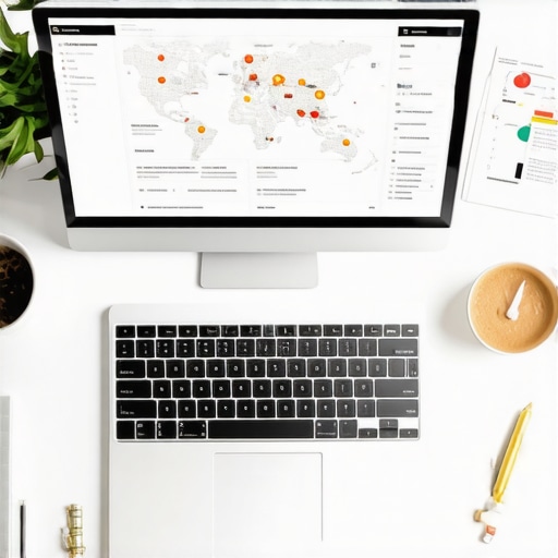 Workspace with SEO analytics and Louisiana maps for local SEO