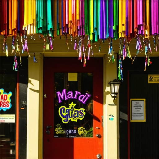 A colorful New Orleans shopfront decorated for Mardi Gras, attracting local customers.