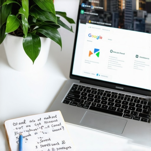 Local SEO workspace with analytics dashboards and handwritten notes on neighborhoods